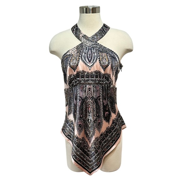 Cache Y2K Silk Halter Top Womens M Pink Paisley Beaded Going Out Club Feminine - Picture 1 of 13